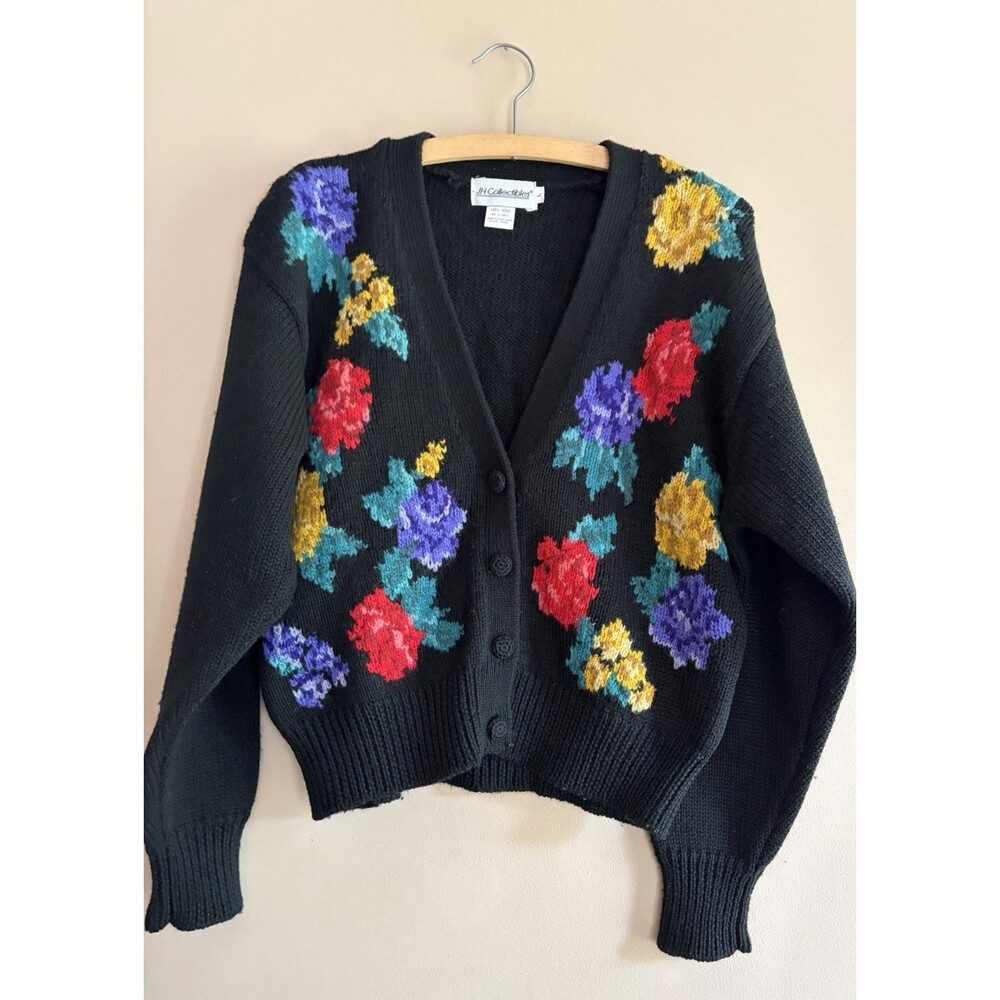 Vtg Floral Embroidered Cardigan 100% Wool Black Cottagecore Feminine Size Large
